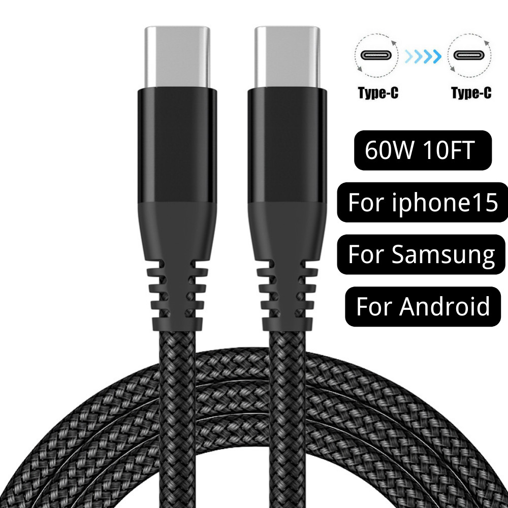 PD 60W Fast USB-C to USB-C Cable 10ft Type C Cord For iPhone15 16 17 Samsung Lot