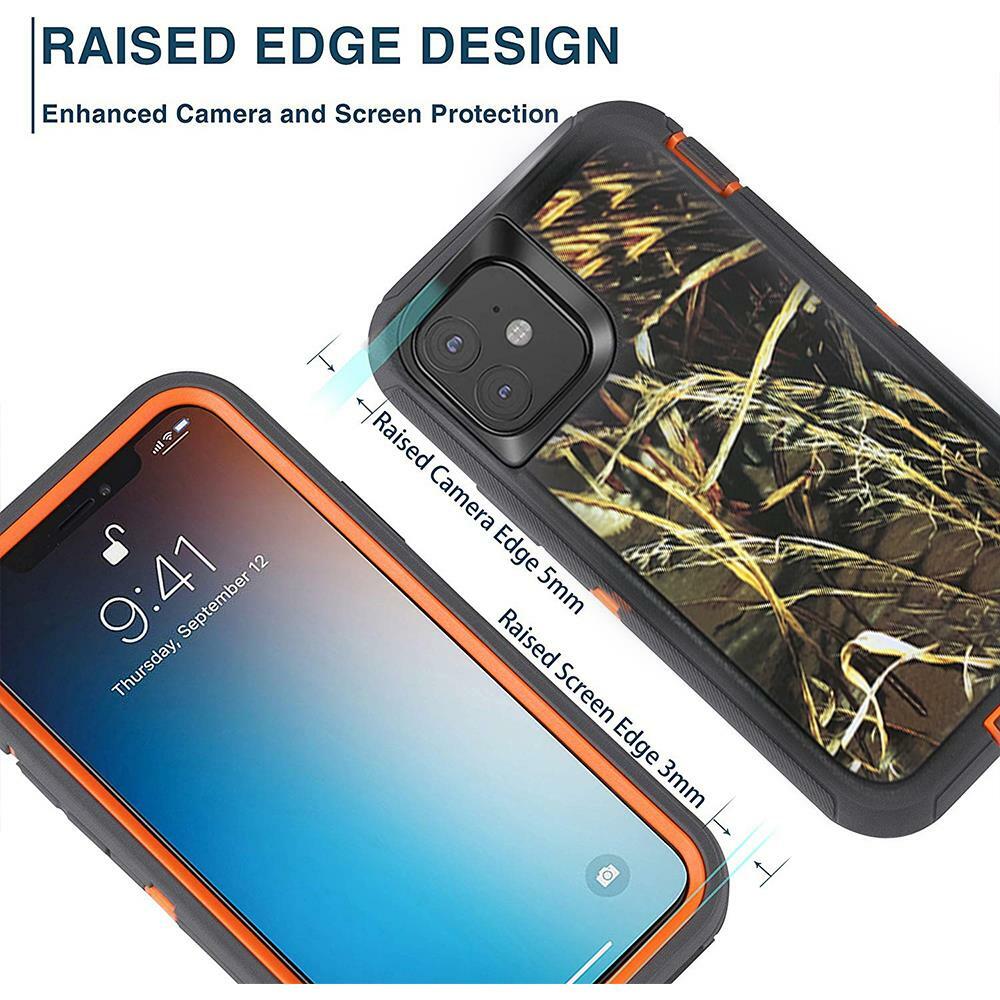 For iPhone 11 Orange/Grass Camo Tree Shockproof Case Cover w/ Belt Clip Holster