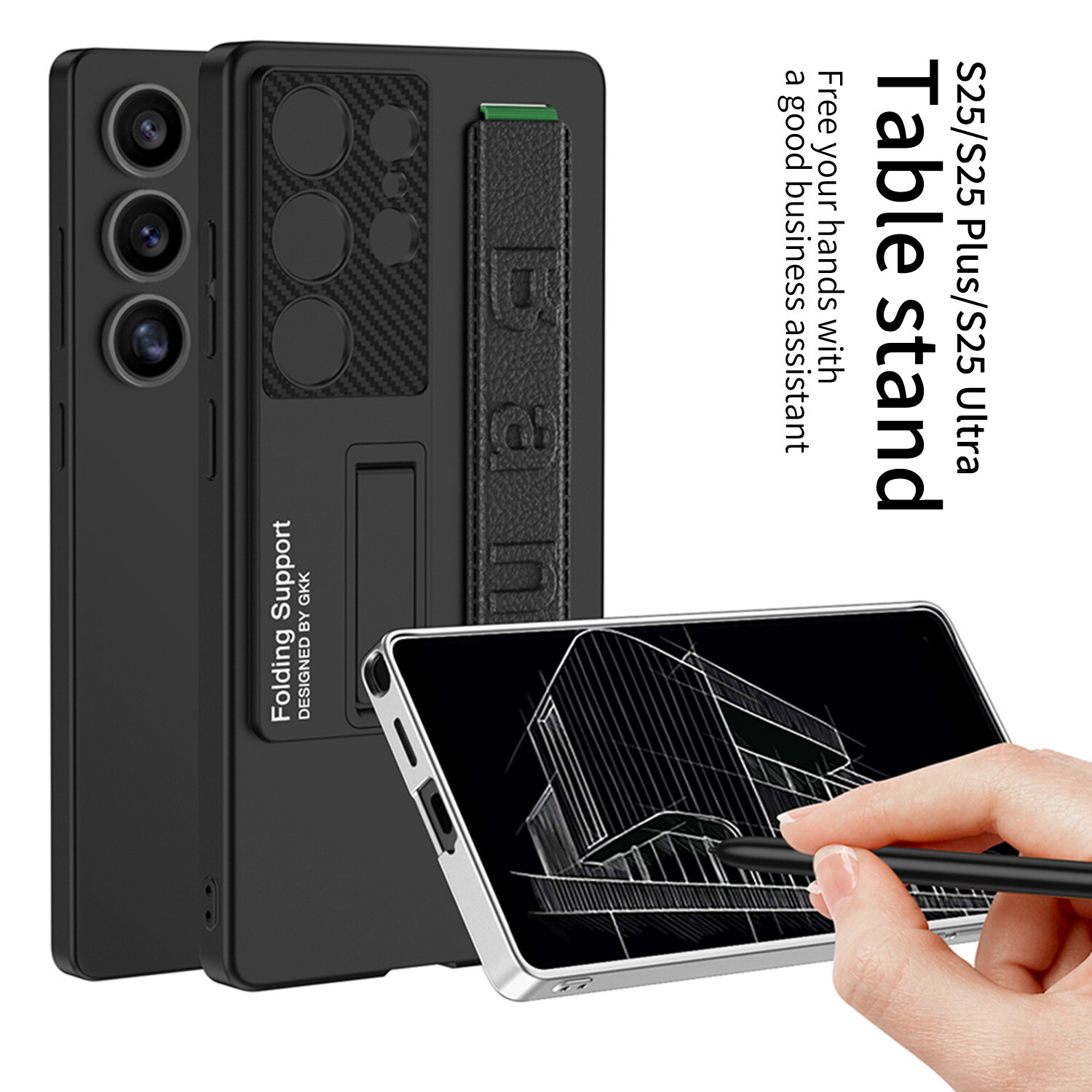 For Samsung Galaxy S23 S24+ S25 Ultra PC+PU Leather Case Stand+Handle Grip Strap