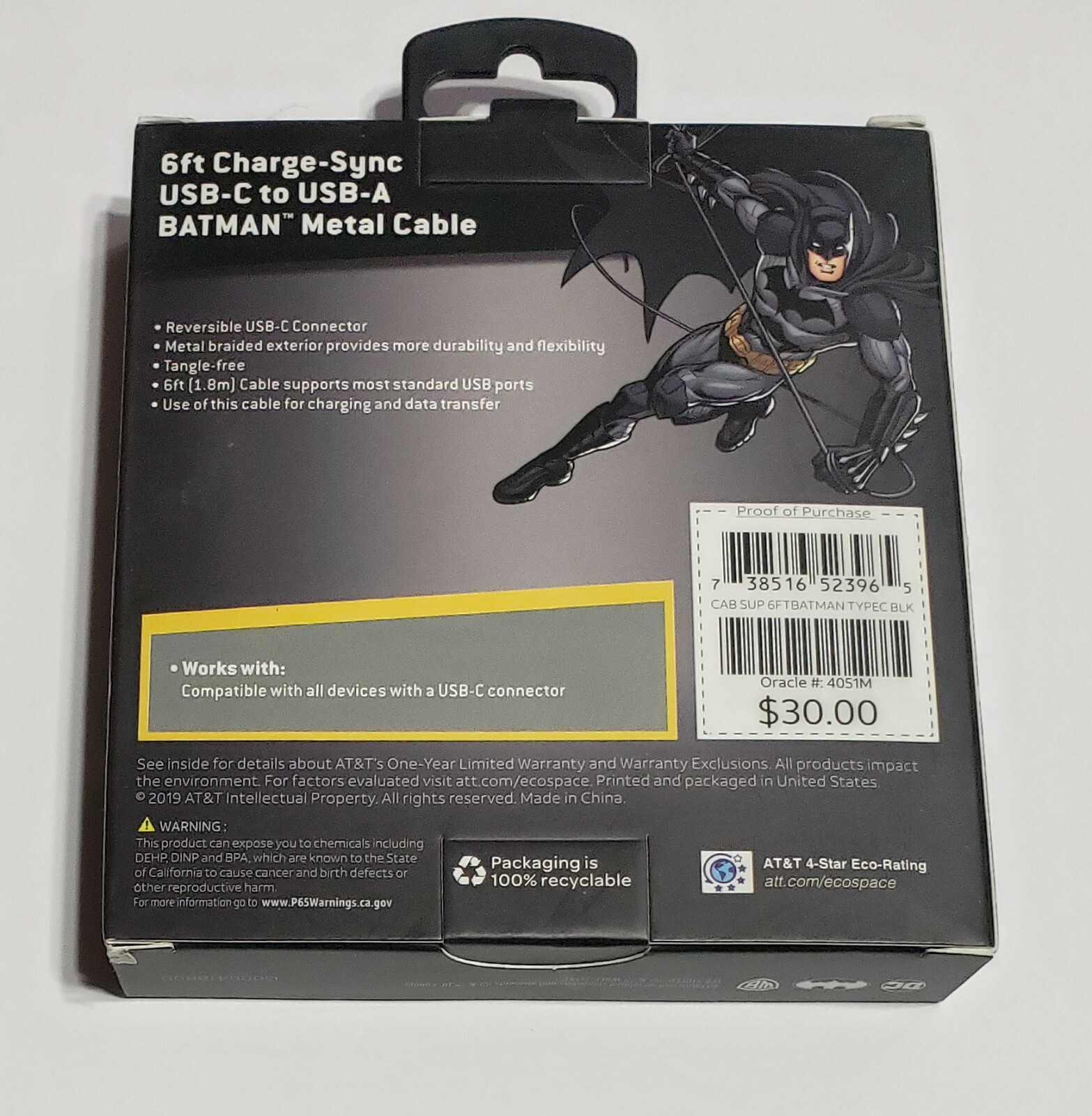 BRAND NEW DC Comics Batman 6ft Metal Type-C USB-C to USB-A Charge Sync Cable