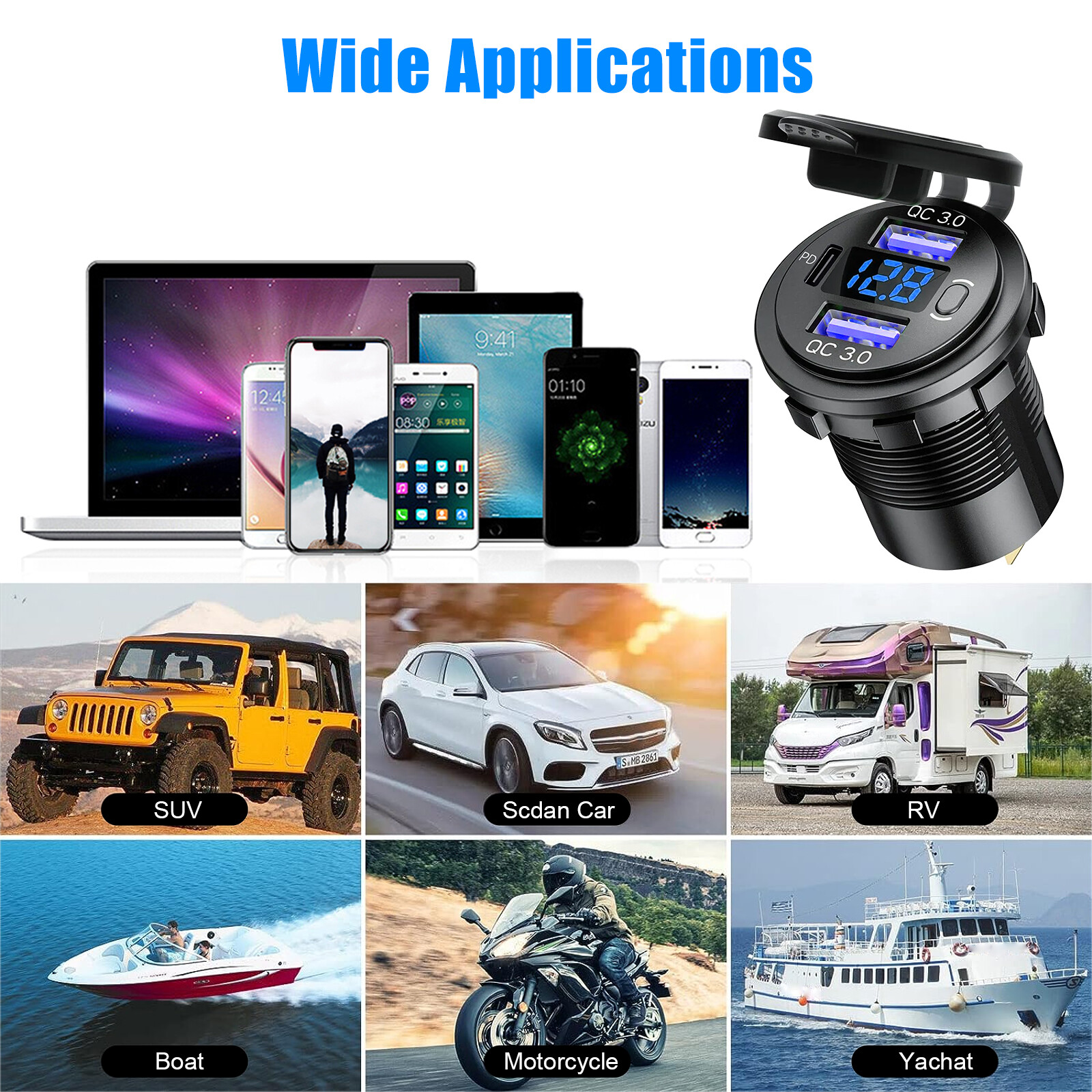 12V-24V PD + QC3.0 Dual USB Car Fast Charger Power Socket Outlet LED Voltmeter
