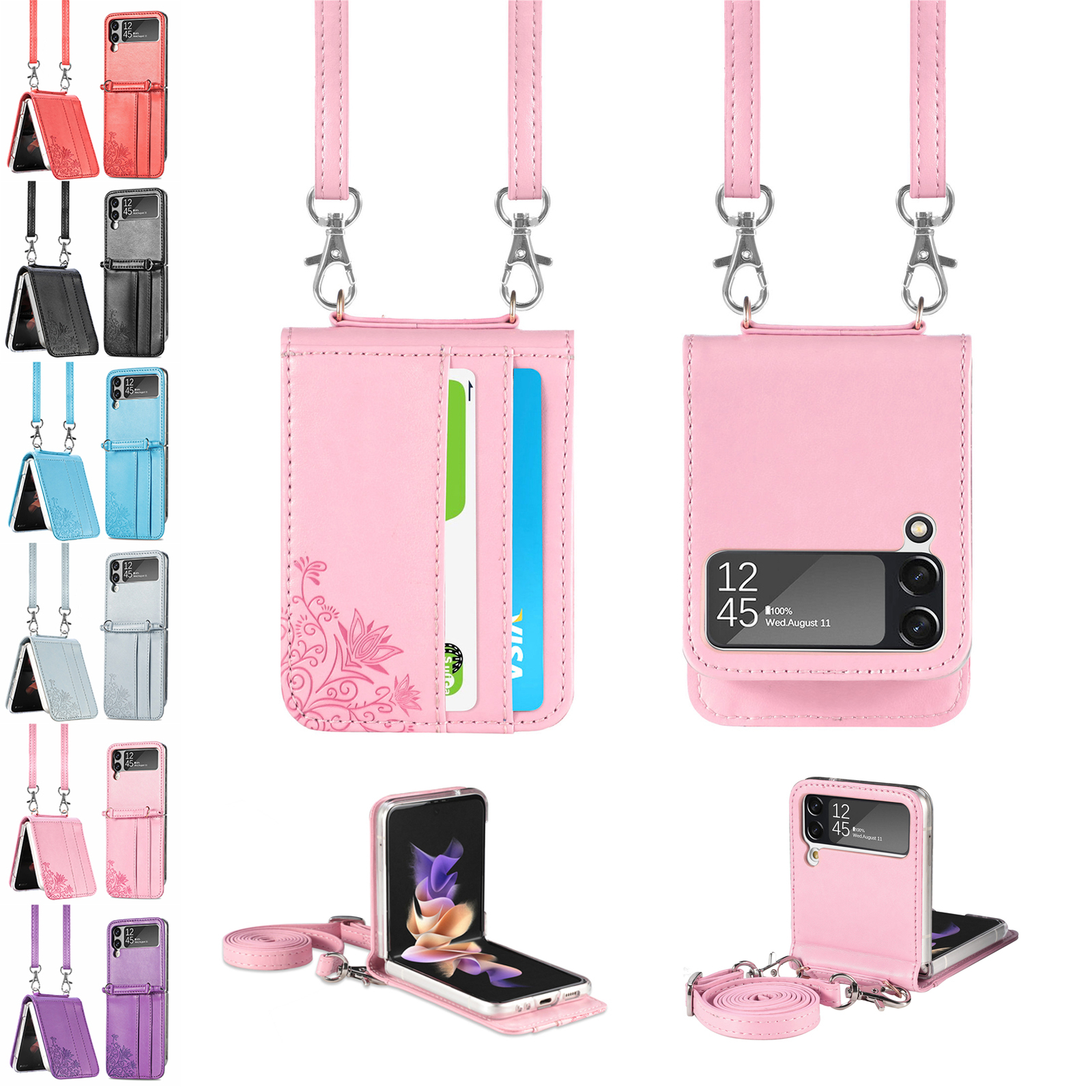 For Samsung Galaxy Z Flip1/2/3/4 Embossed Leather Card Slots Phone Case+Strap