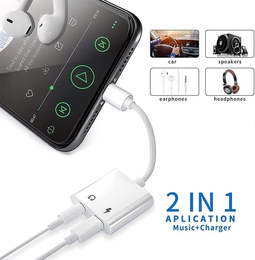 2 IN 1 Headphone Adapter Jack 8 Pin Data to 3.5mm AUX Cord Splitter, iPhone iPad