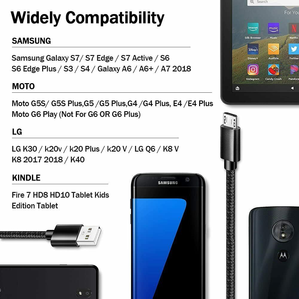 Micro USB to USB A Cable Android Charger Braided Cord For Samsung Google LG LOT