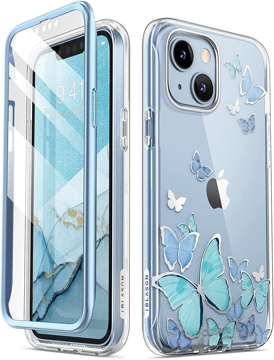 For iPhone 14 & iPhone 13 i-Blason Stylish Back Case +Screen Cover 6.1″, Bluefly
