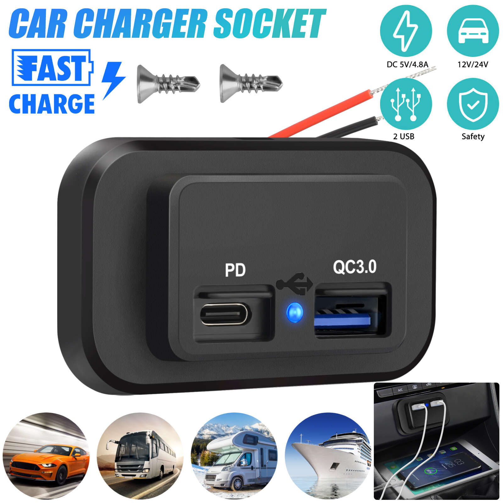 DC 12-24V 4.8A USB PD QC3.0 Car Fast Charger Socket LED Power Outlet For Boat RV