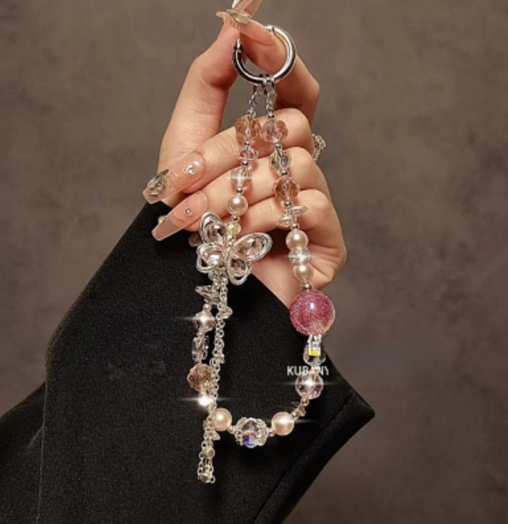 Luxury Crystal Pink Beaded Butterfly Wrist Lanyard Phone Charm Strap Sparkle