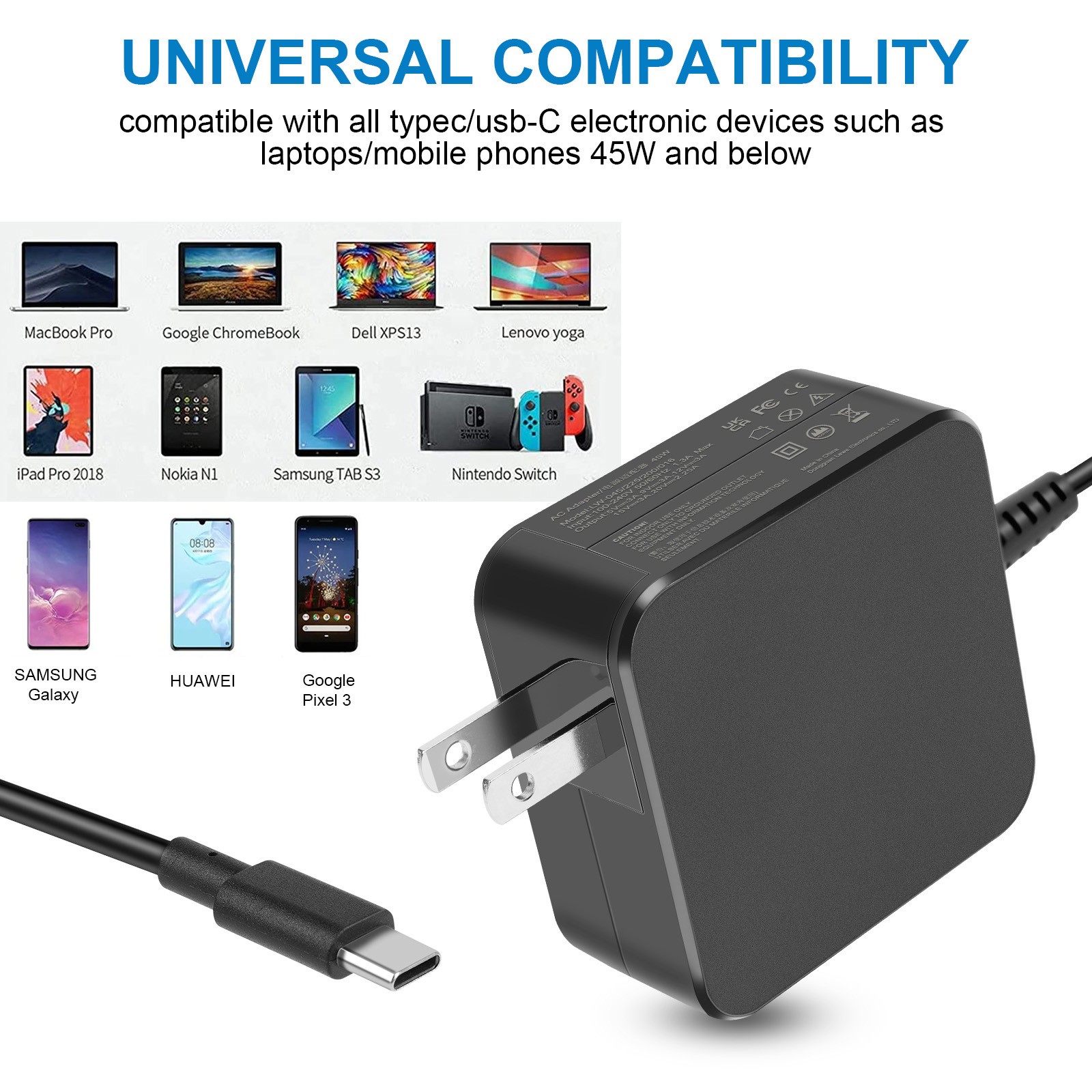 LOT 45/65/87W USB C Laptop Adapter Charger for Dell HP ASUS Lenovo Acer MacBook