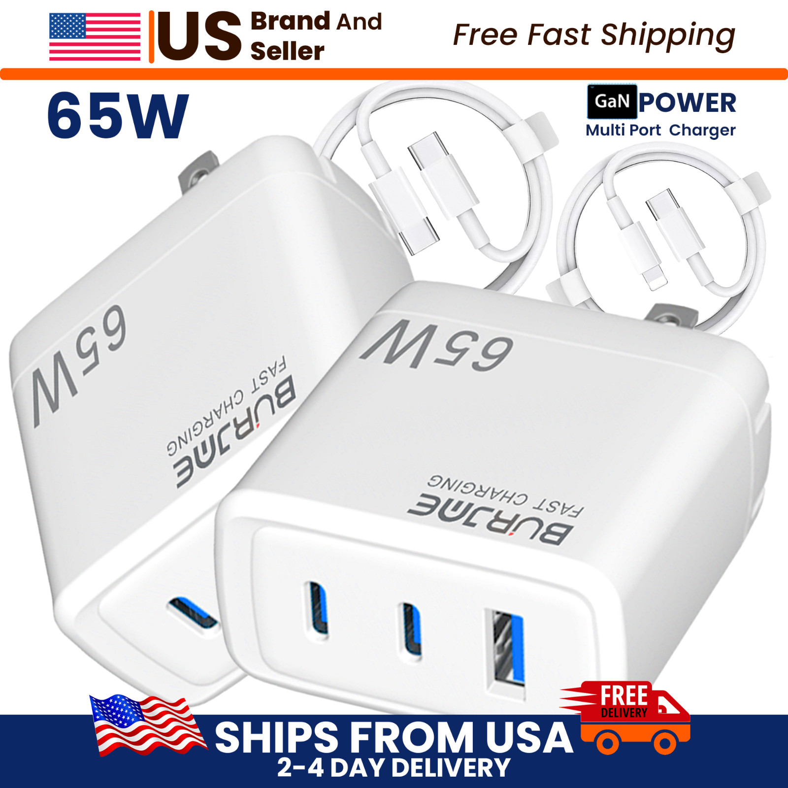 65W USB C Fast Charger 3 Port PD GaN wall charger iPhone Samsung MacBook iPad