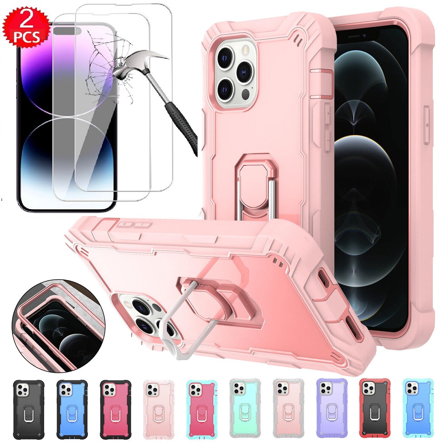 Case For iPhone 14 Pro Max 14 Plus Heavy Duty Cover Shockproof Cute Ring Stand