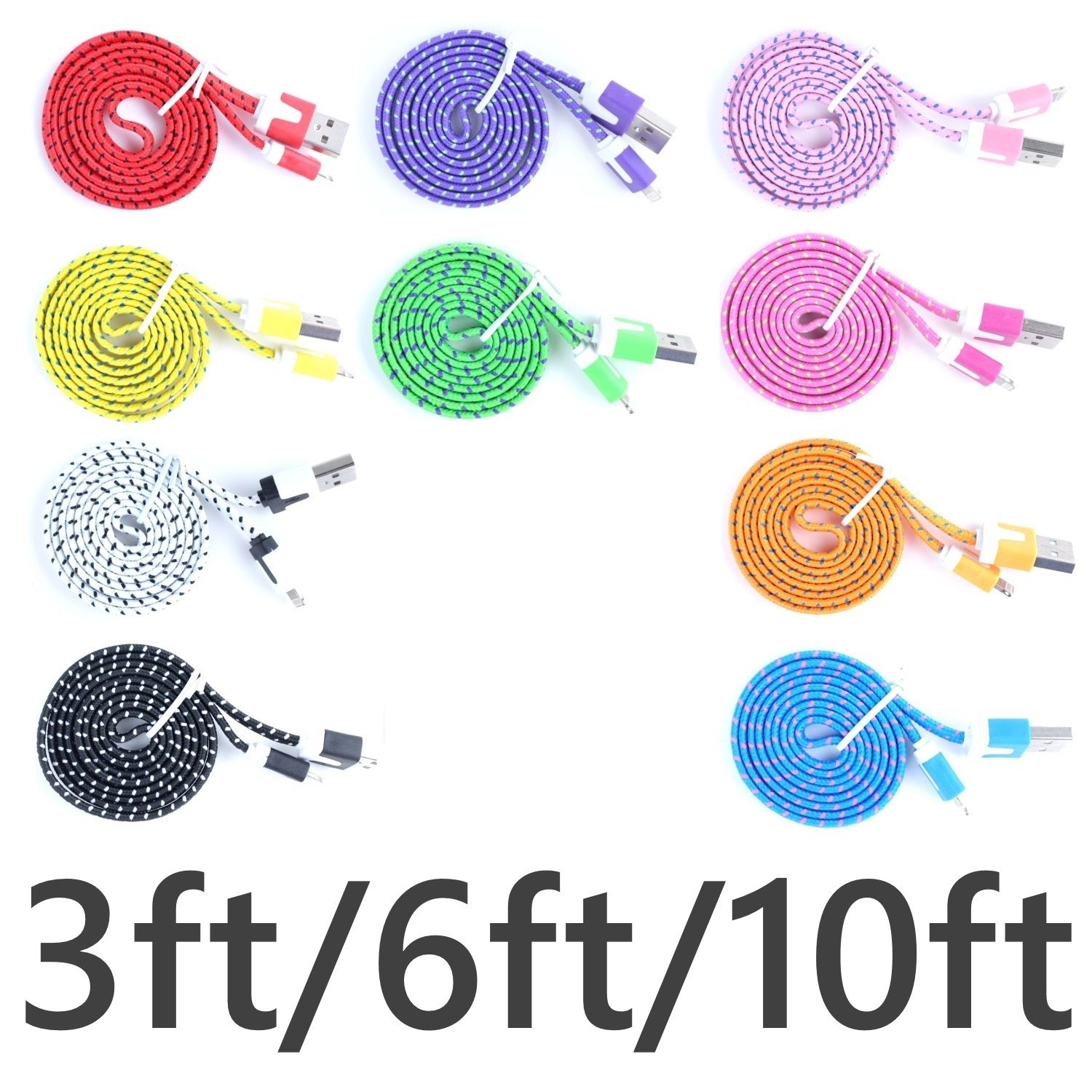 Braided FLAT 3ft/6ft/10ft Micro USB Charger Cable Cord for Android Phone Lot