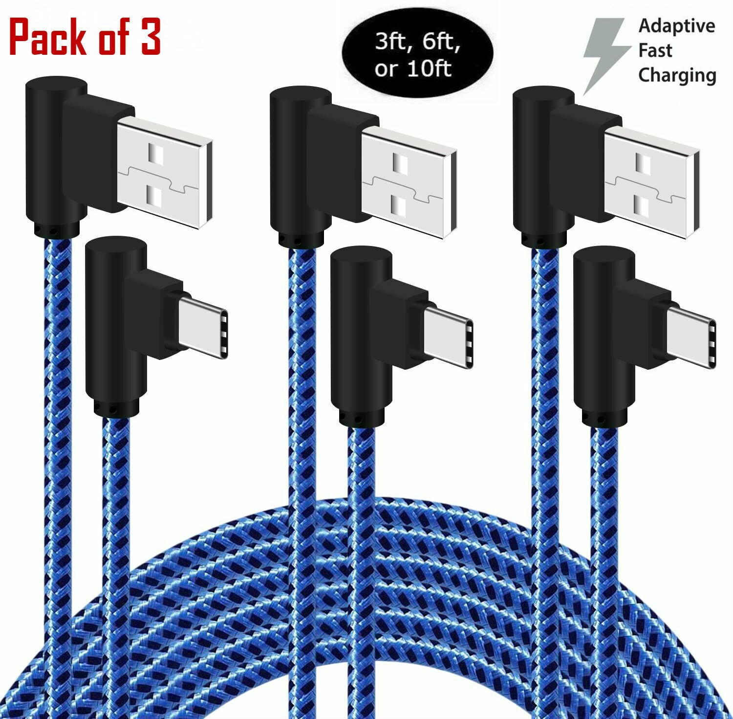 90 Degree Fast Charge USB-C to USB-A Cable Type C Charger Cord L Quick Charging
