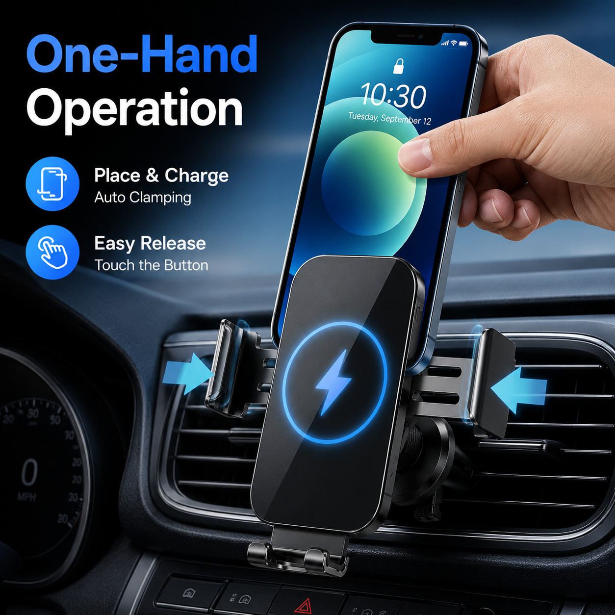 Wireless Car Charger Auto Clamping Phone Mount 15W Fast Charging Vent Holder
