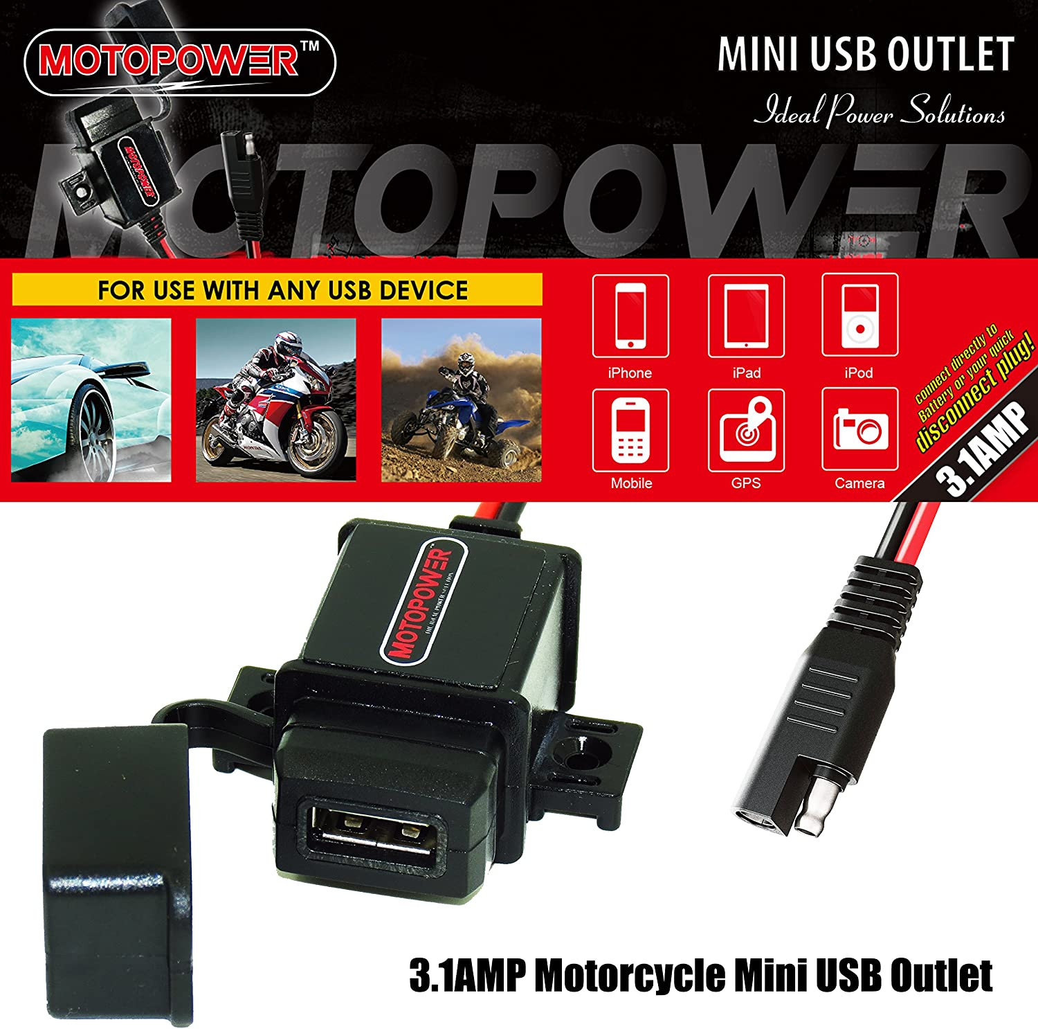 3.1Amp Motorcycle USB Port Kit SAE to USB Adapter on Motorcycle Waterproof