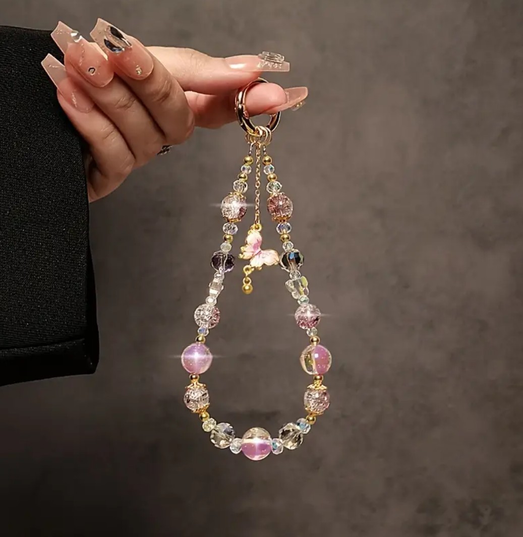 Luxury Pink Butterfly Sparkly Crystal Beaded Phone Wrist Strap Golden Accents