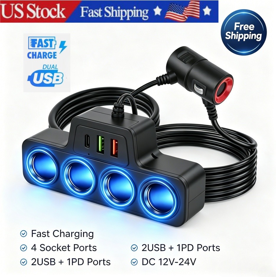 12V-24V 4 Way Car Cigarette Lighter Socket Splitter USB PD Charger Power Adapter