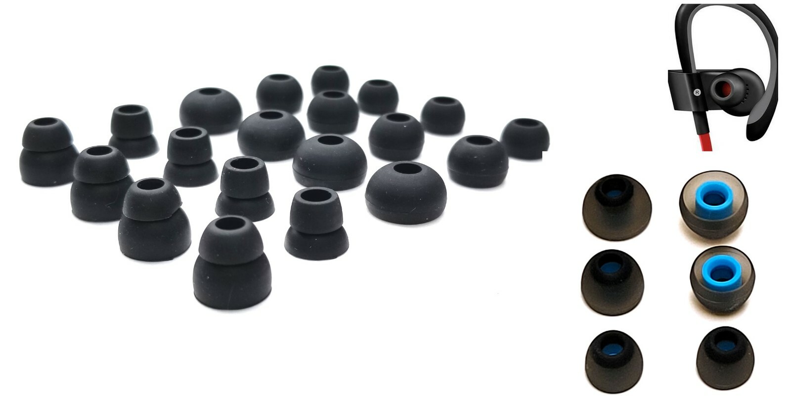26pcs multi-Sizes/Color Soft “BLACK + BL/GY” Earbuds for BEATS Powerbeats3, 2, 1