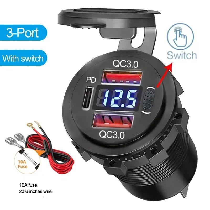 12V-24V PD + QC3.0 Dual USB Car Fast Charger Power Socket Outlet LED Voltmeter