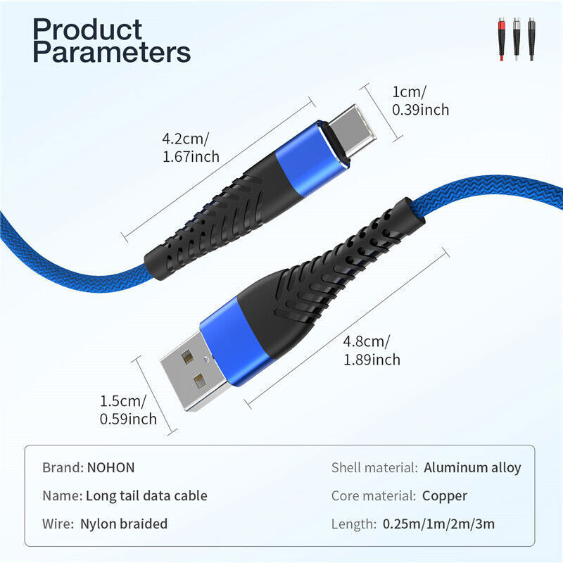 Braided USB Type-C USB-C to USB-A Fast Charge Cable Charger Lot Charging Cord