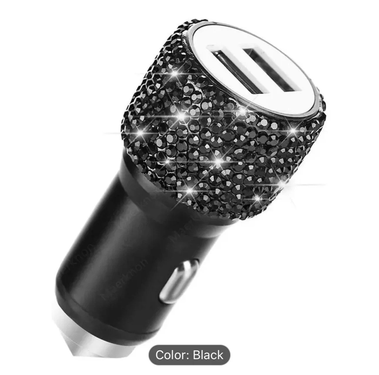 BLACK Crystal Encrusted Dual USB Car Fast Charger Luxury Diamond Bling Adapter