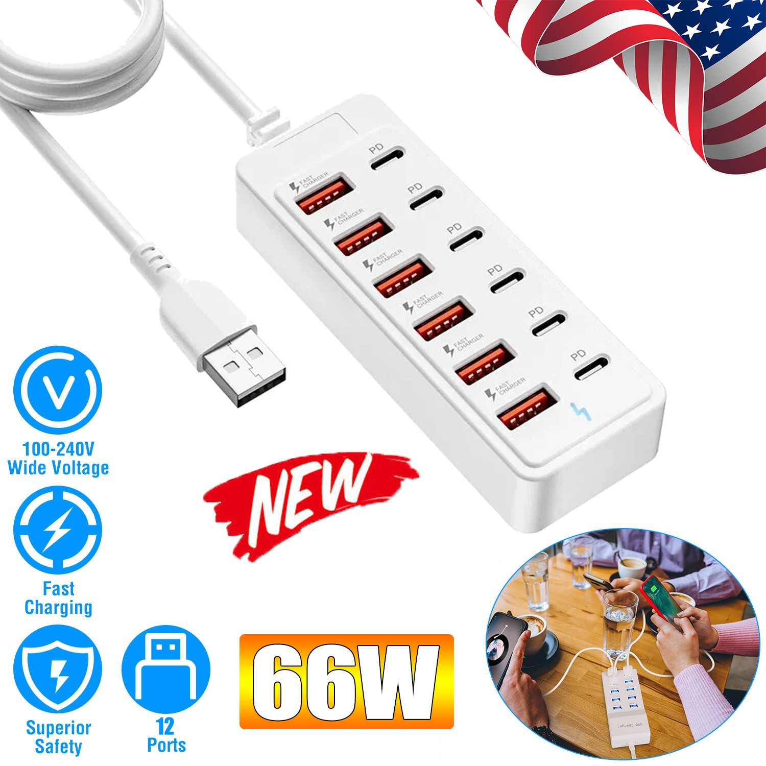 USB Charging Station with 12 Port Power Strip Fast Charging hub for Multiple 66W