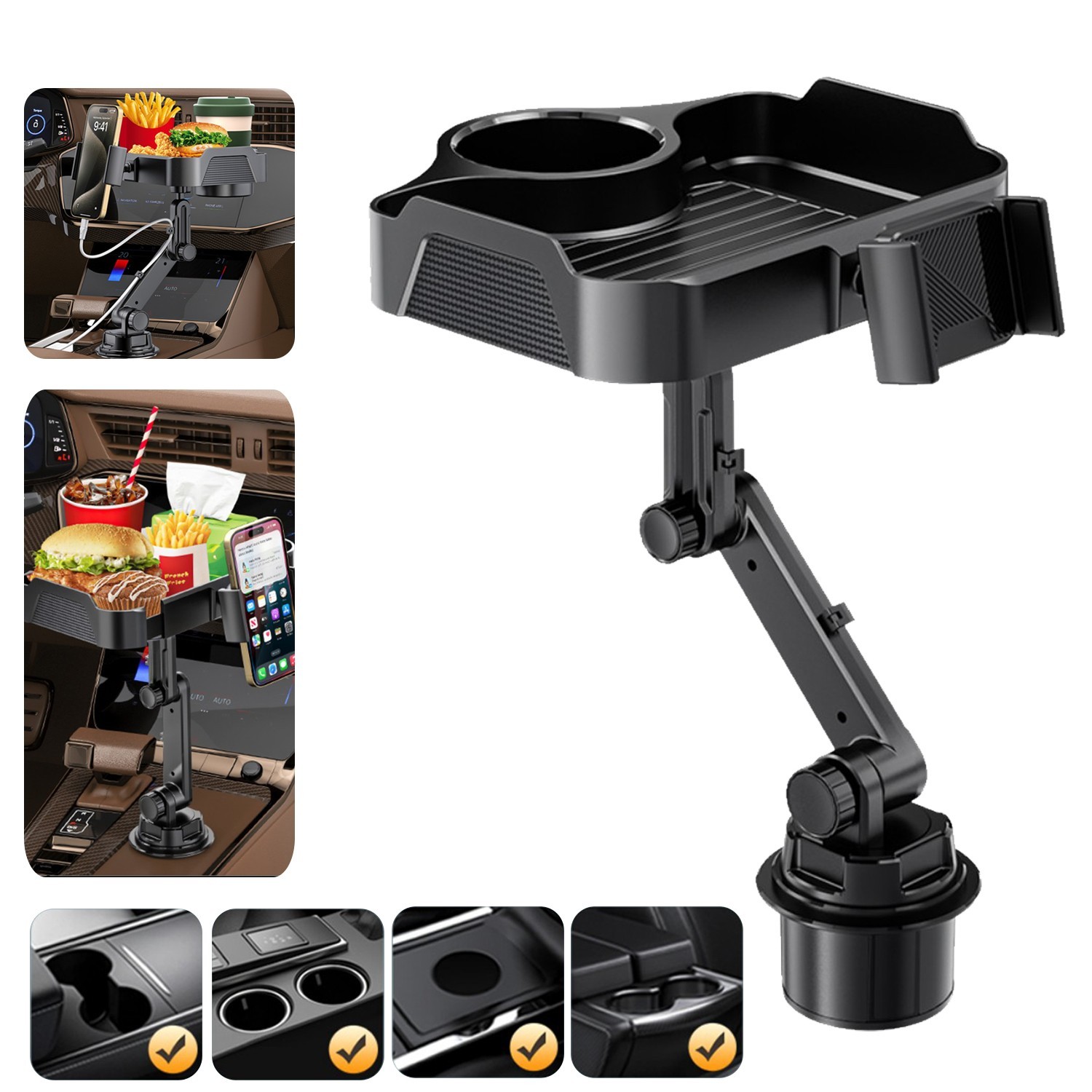 3 in 1 Car Cup Holder Phone Holder Food Table Tray Mount Universal 360° Rotation