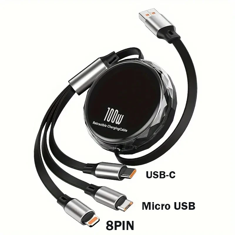 3-in-1 Retractable Charging Cable USB-A to USB-C/8Pin/MicroUSB 100W Fast Charger
