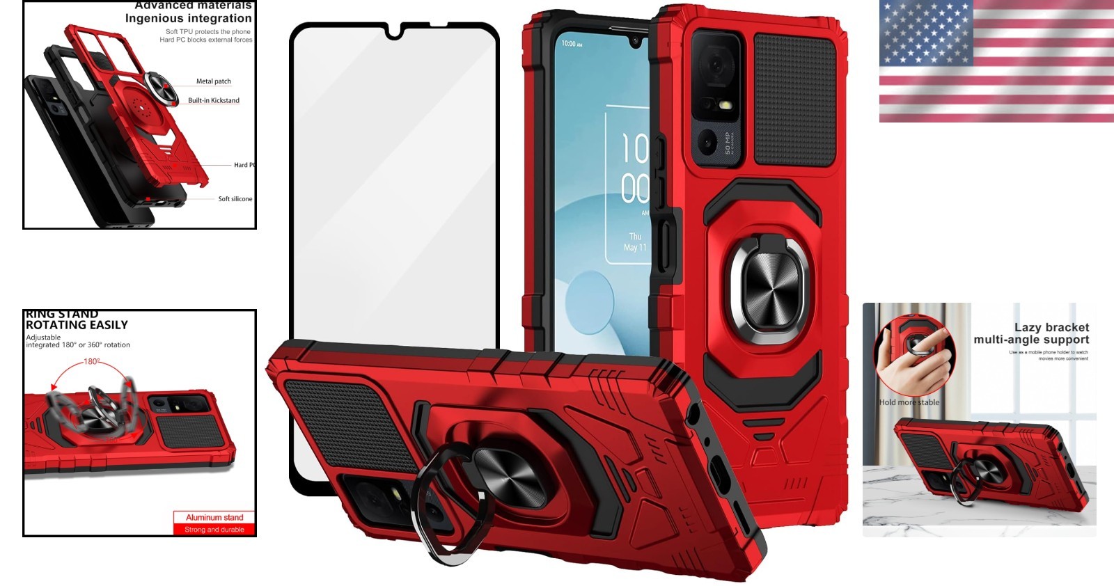 Red Magnetic Stand Case for Lively Smart 4/TCL 40T with Tempered Glass Protector