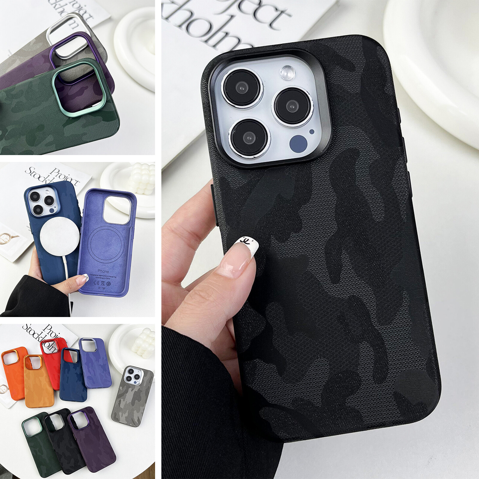 Fr iPhone 15 Pro Max 14 13 12 Camouflage Pattern Leather Magsafe Slim Case Cover