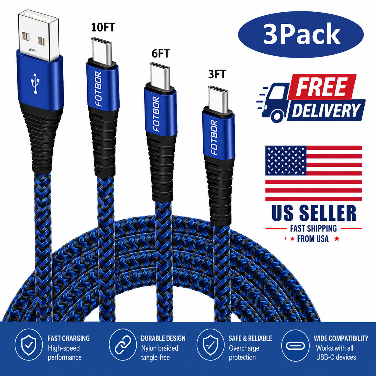 3 Pack USB-C Fast Charging Cable Nylon Braided 3FT 6FT 10FT Blue New US