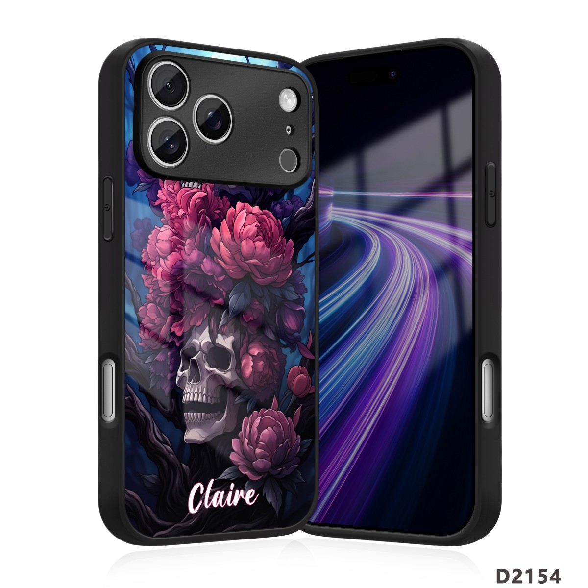 For iPhone 16/15/17 Pro Real Tempered Glass Phone Cover Custom Grunge Skull Case