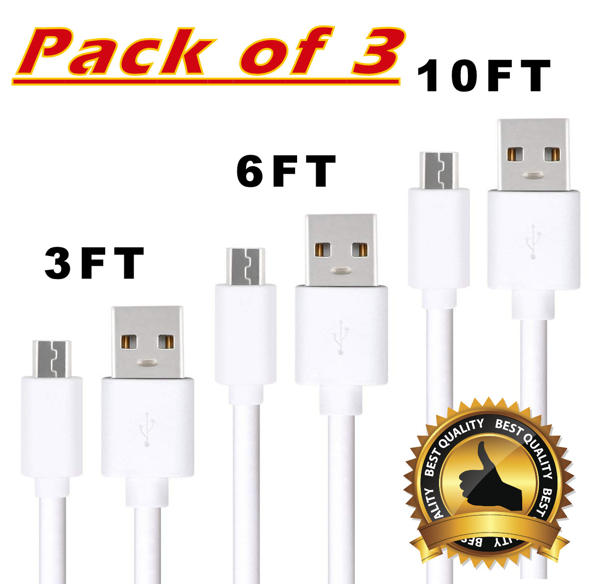 3x PACK OEM MICRO USB FAST CHARGING CABLE FOR ANDROID CELL PHONE 3FT + 6FT+ 10FT