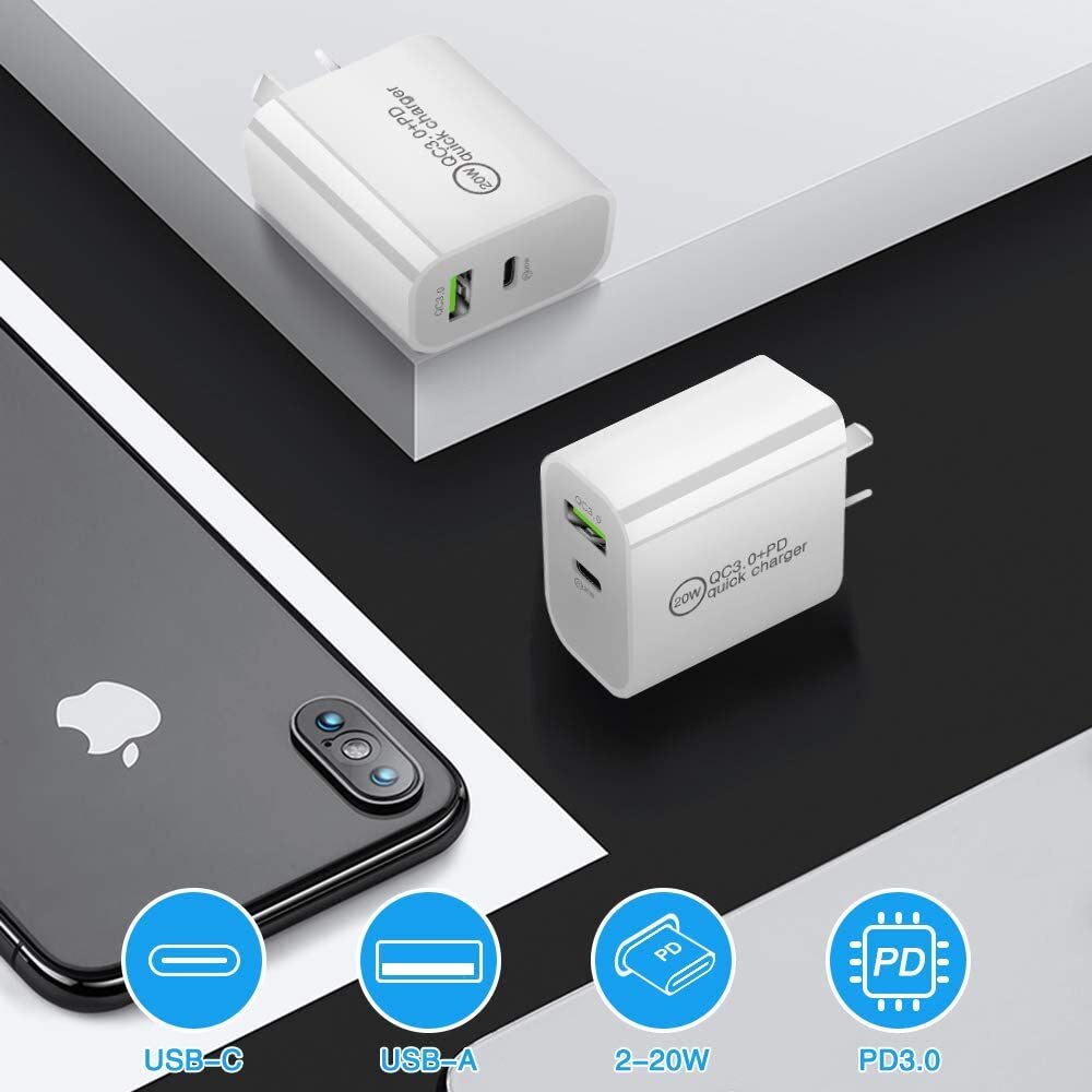 20W Dual Port Fast Charging Block+USB A Brick USB C Charger Plug for iPhone Lot