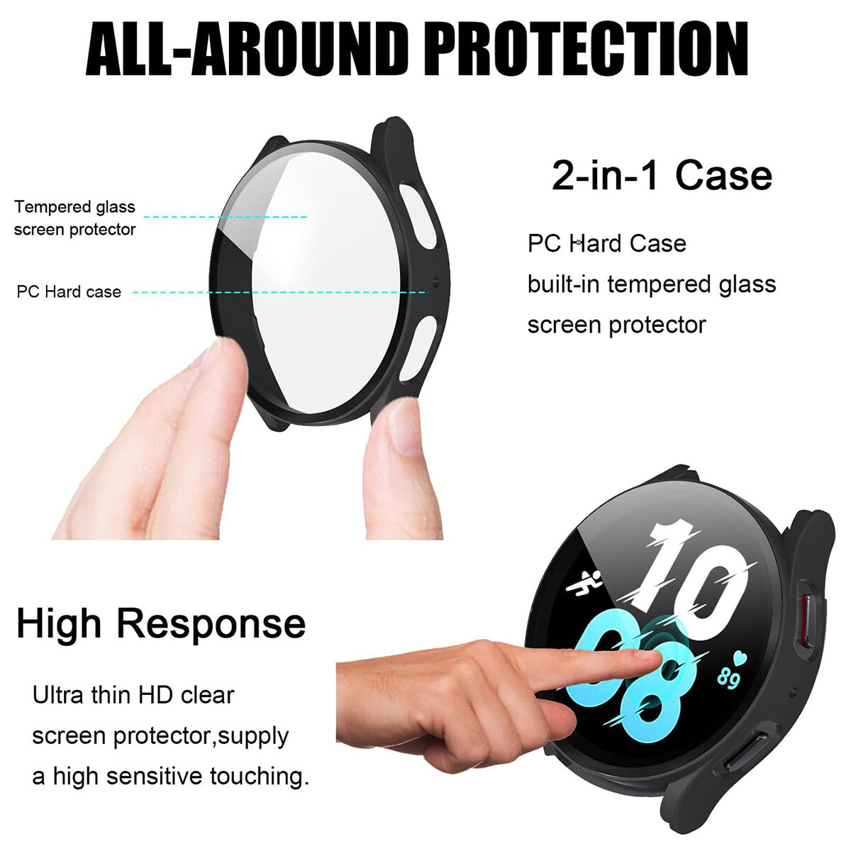 2X Samsung Galaxy Watch 4 5 6 7 40/44 Tempered Glass Protector Screen Case Cover