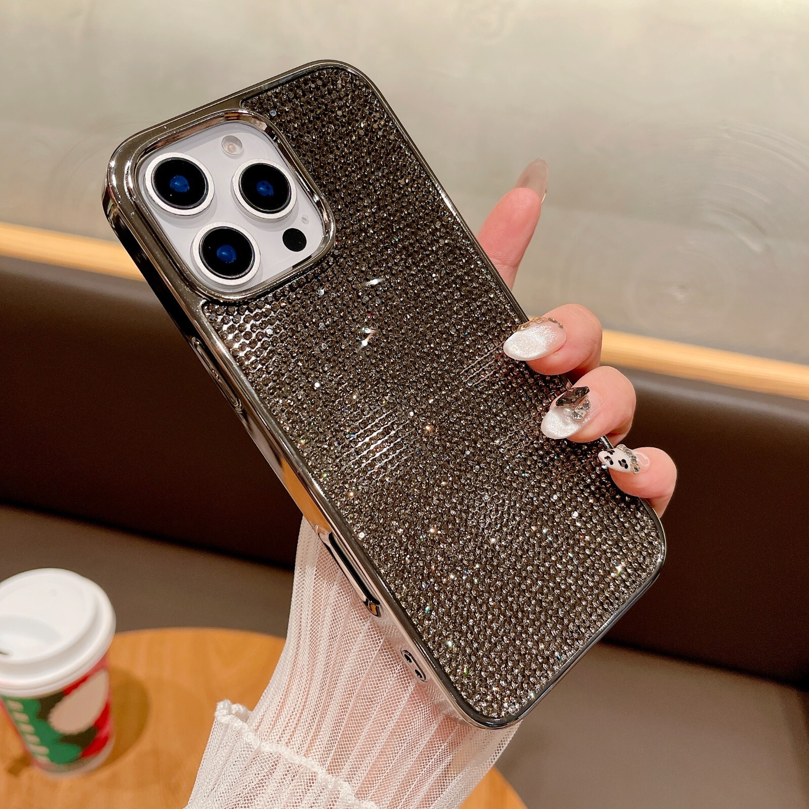 For iPhone 16 Pro Max 15 14 13 12 11 Plain Color Diamond Shockproof Phone Case
