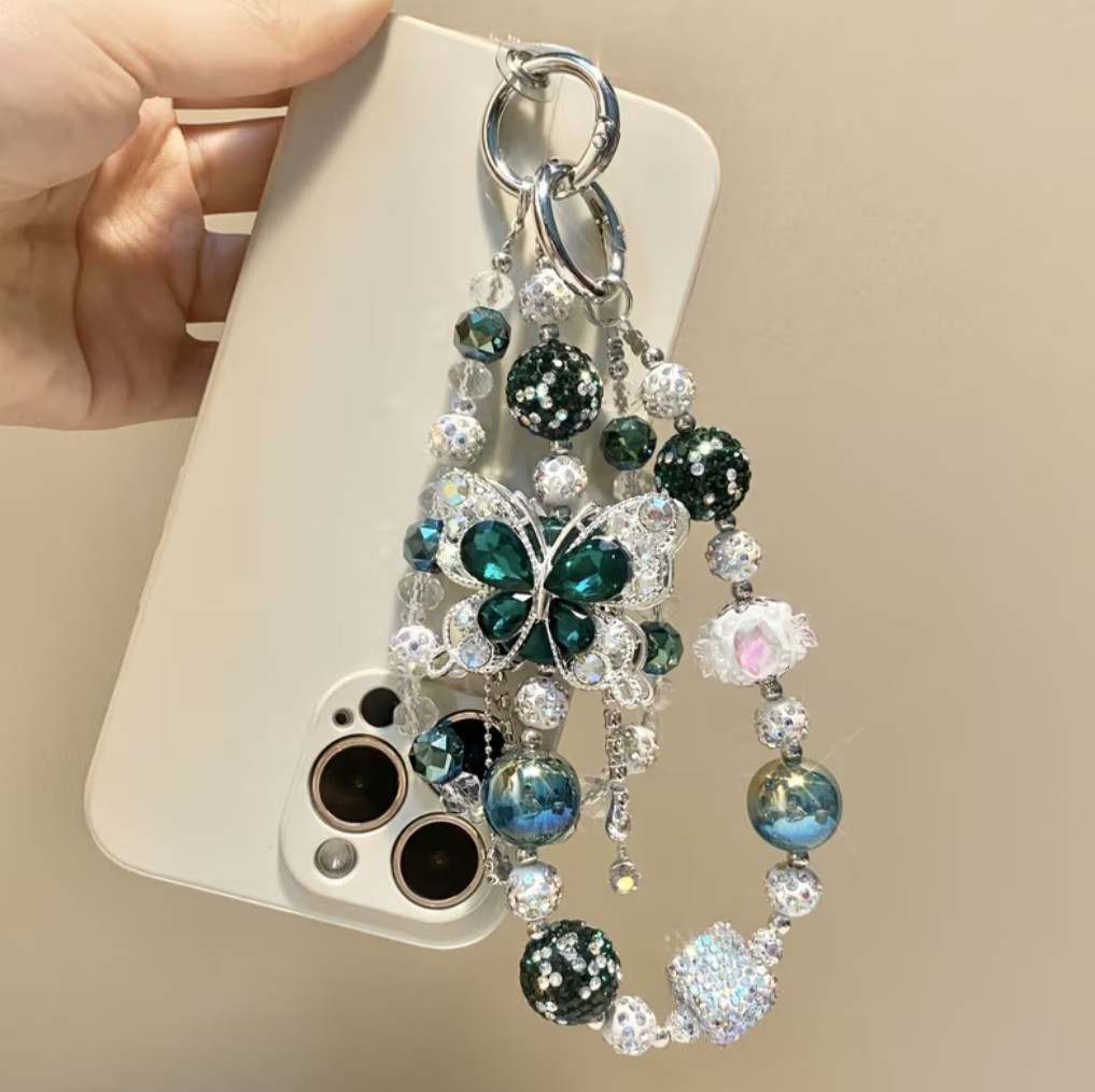Luxury Green Rhinestone Butterfly Beaded Sparkly Phone Chain Strap Wristlet Cute