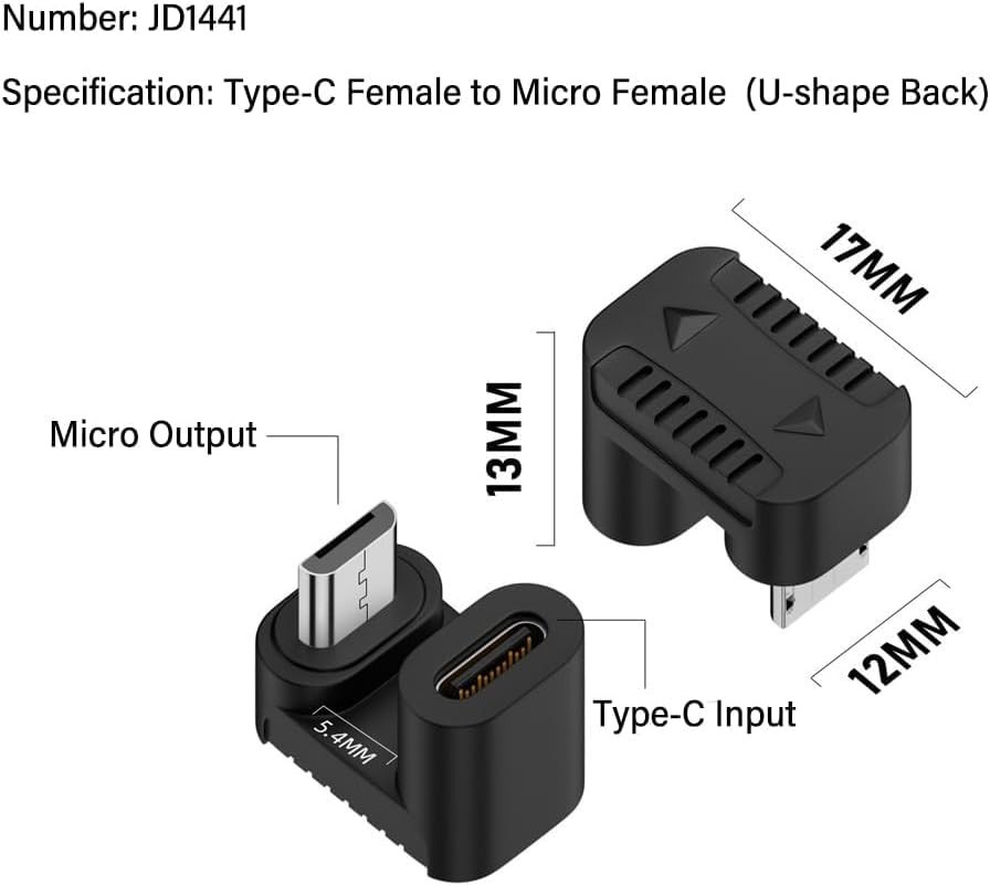 2Packs Typec Female to Micro USB Male 180 Degree U-Shaped Angle down Connector f