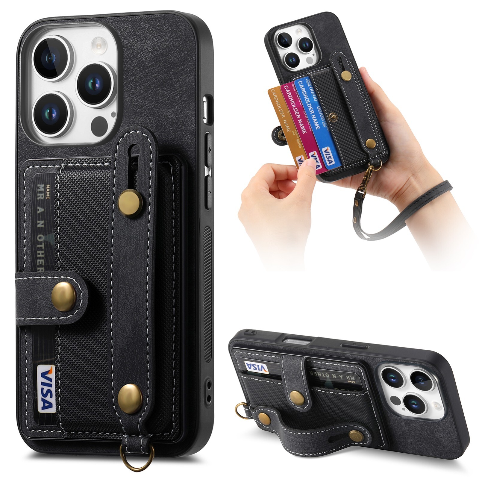 For iPhone 17 Pro Max 16 Plus 15 14 11 7 Card Pocket Phone Case With Wrist Strap