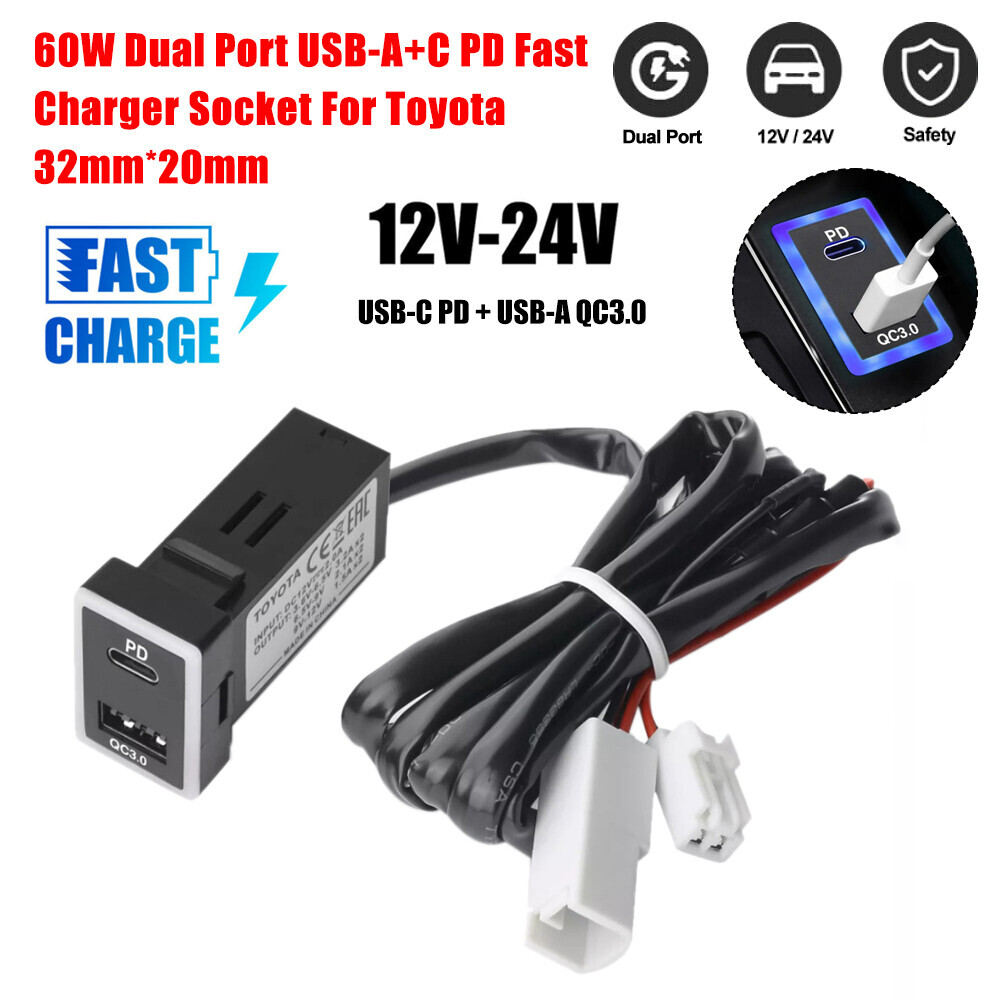 60W Quick Charge Dual USB Port USB-C PD + USB-A QC3.0 For Toyota RAV4, Corolla