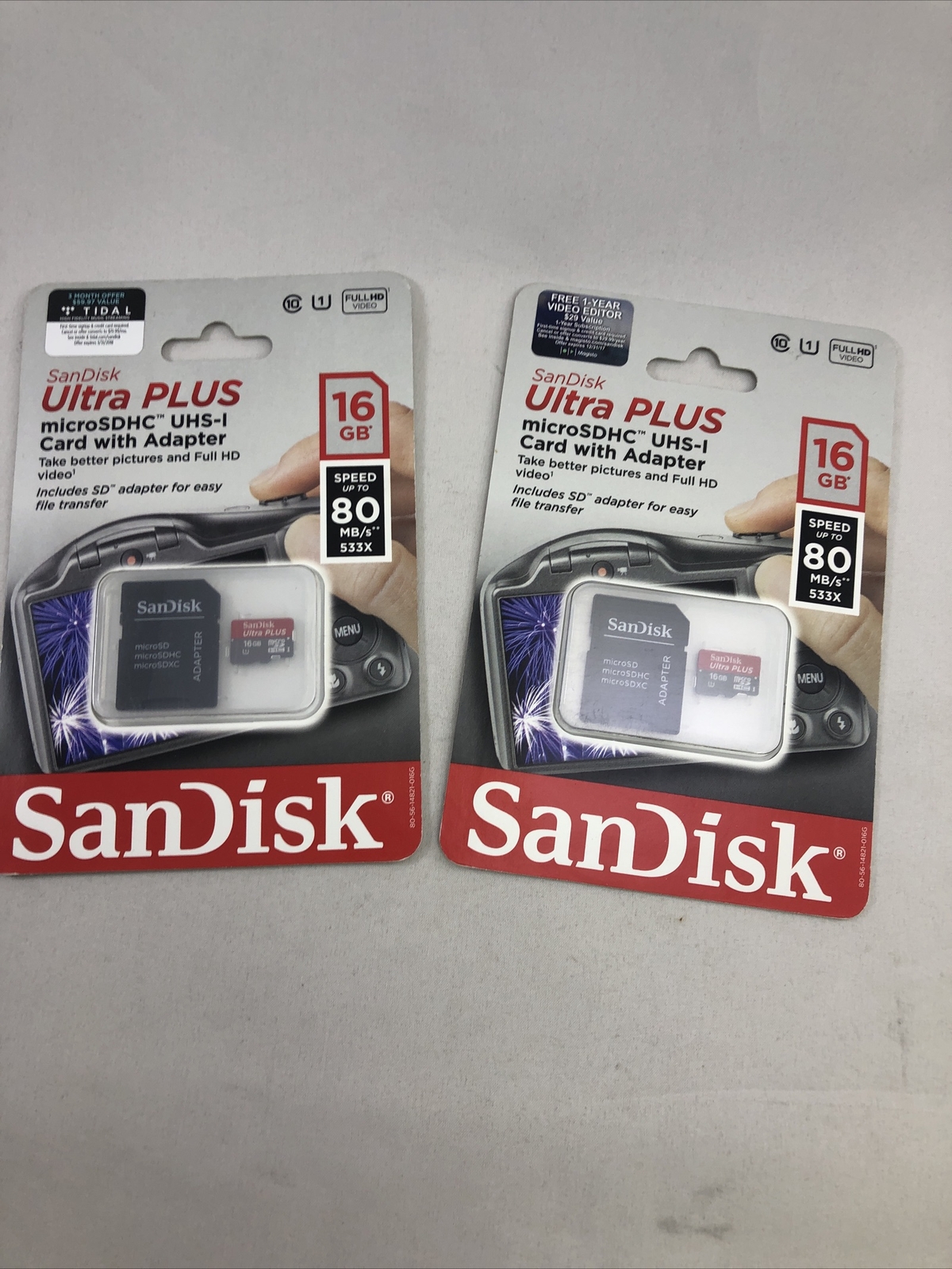 2 SanDisk Ultra PLUS 16GB microSDHC UHS-I Memory Card Gray/Red 80MB/s turbo