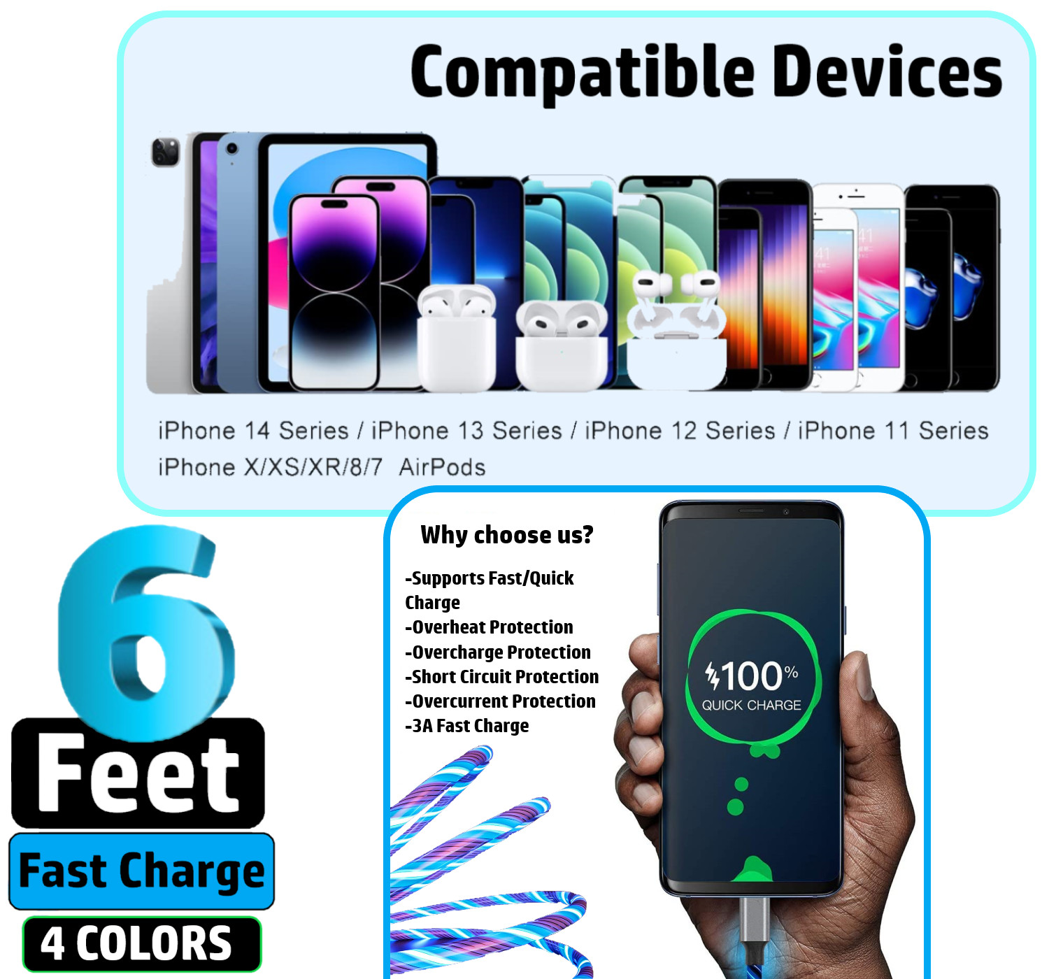 2 Pack 6ft LED Fast Charge 8 Pin Cable for Apple iPhone 13 12 11 X XR XS Pro Max
