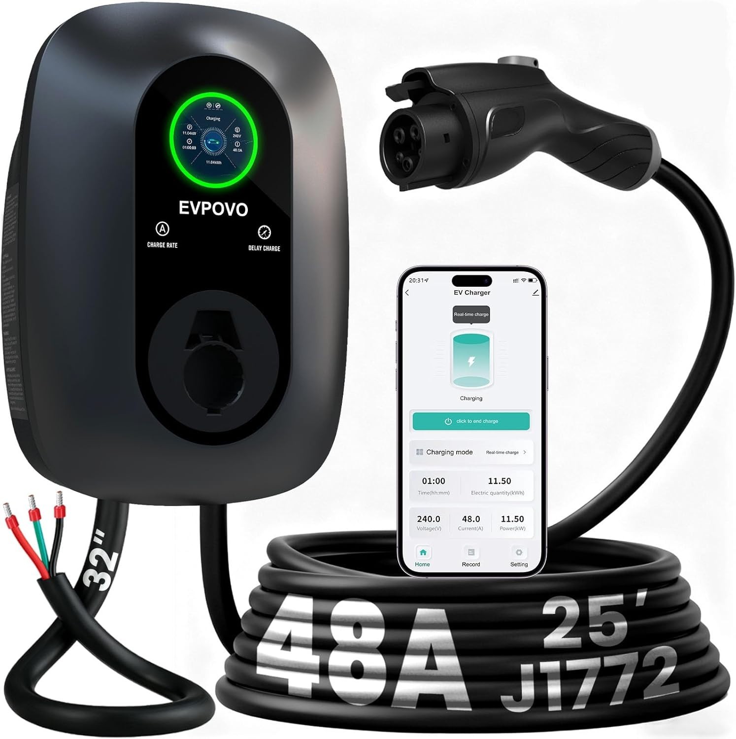 EVPOVO – Level 2 EV Charger 48 Amp Hardwired 240V – 9X Faster J1772 – NEW