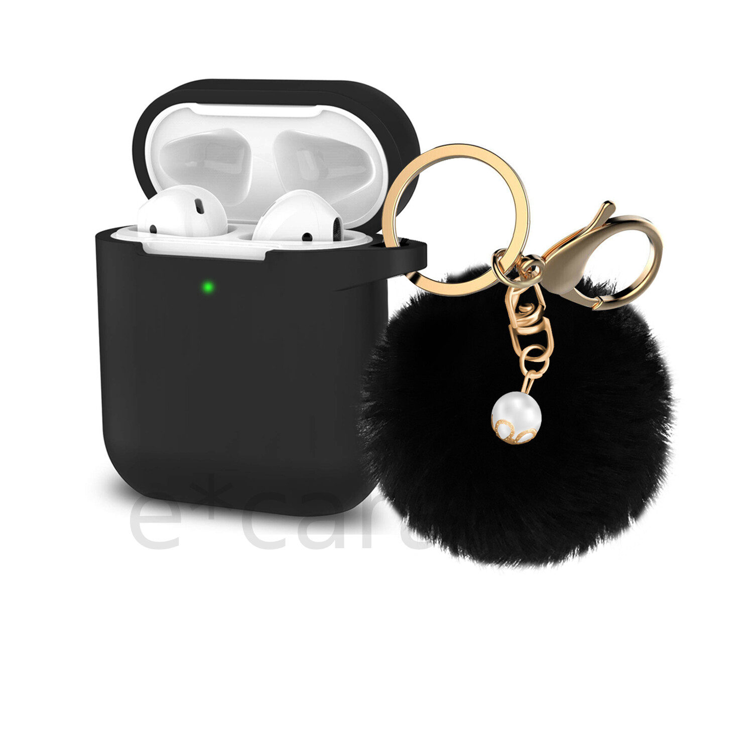 For Apple AirPods 2 & 1 Silicone Protective Case Full Cover + Fur Ball Keychain