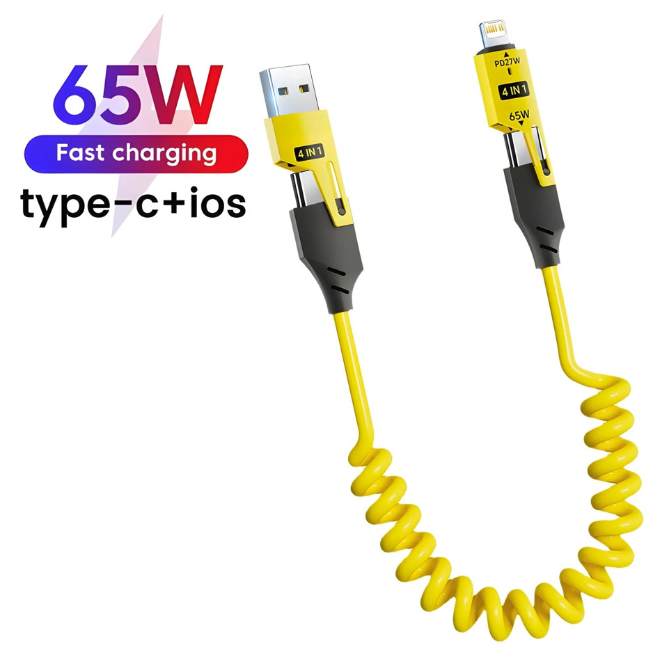 1pc 4in1 Zinc Alloy 65W Fast Charging Cable: USB-C PD Spring Data Cord – NEW