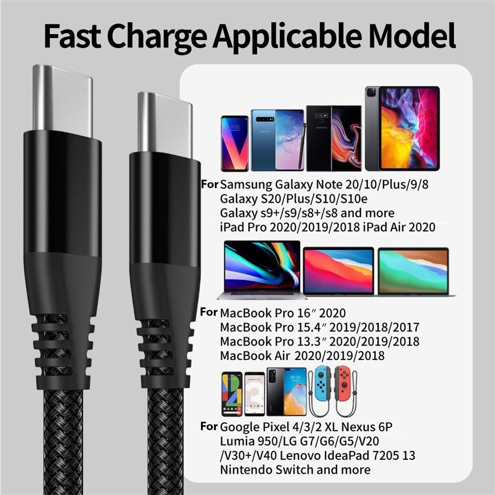 3/6/10FT Lot 60W Braided USB C Type-C Fast Charging Data SYNC Charger Cable Cord