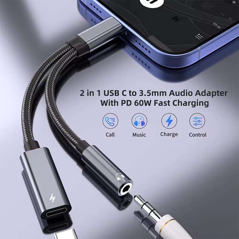 2 in 1 Type-C USB C to 3.5mm AUX Audio Headphone Jack Adapter Charger Cable New