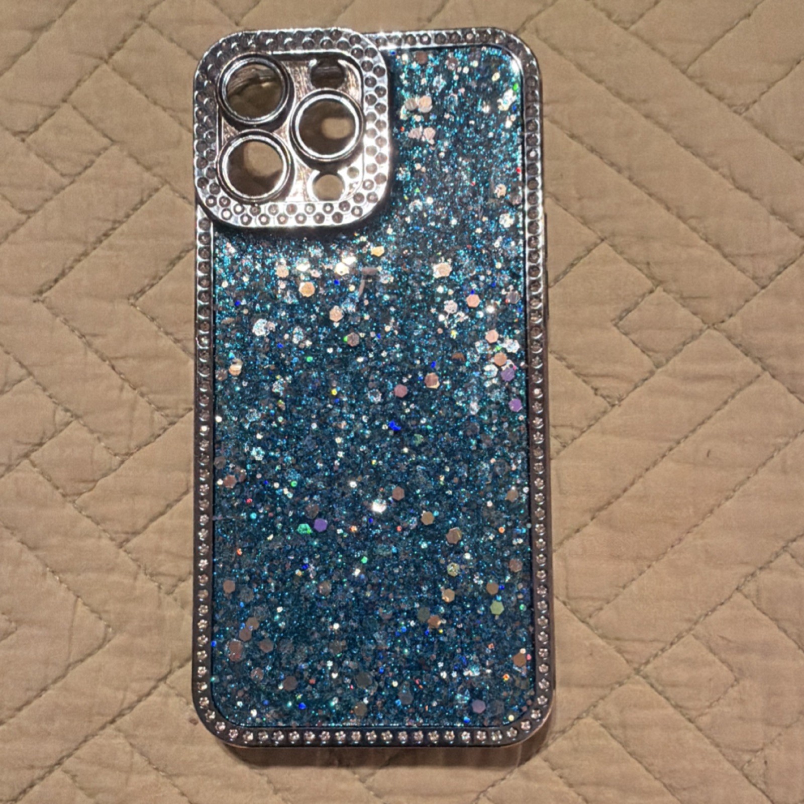 Blue Silver Glitter Jewelled Plastic Back Case for Apple iPhone