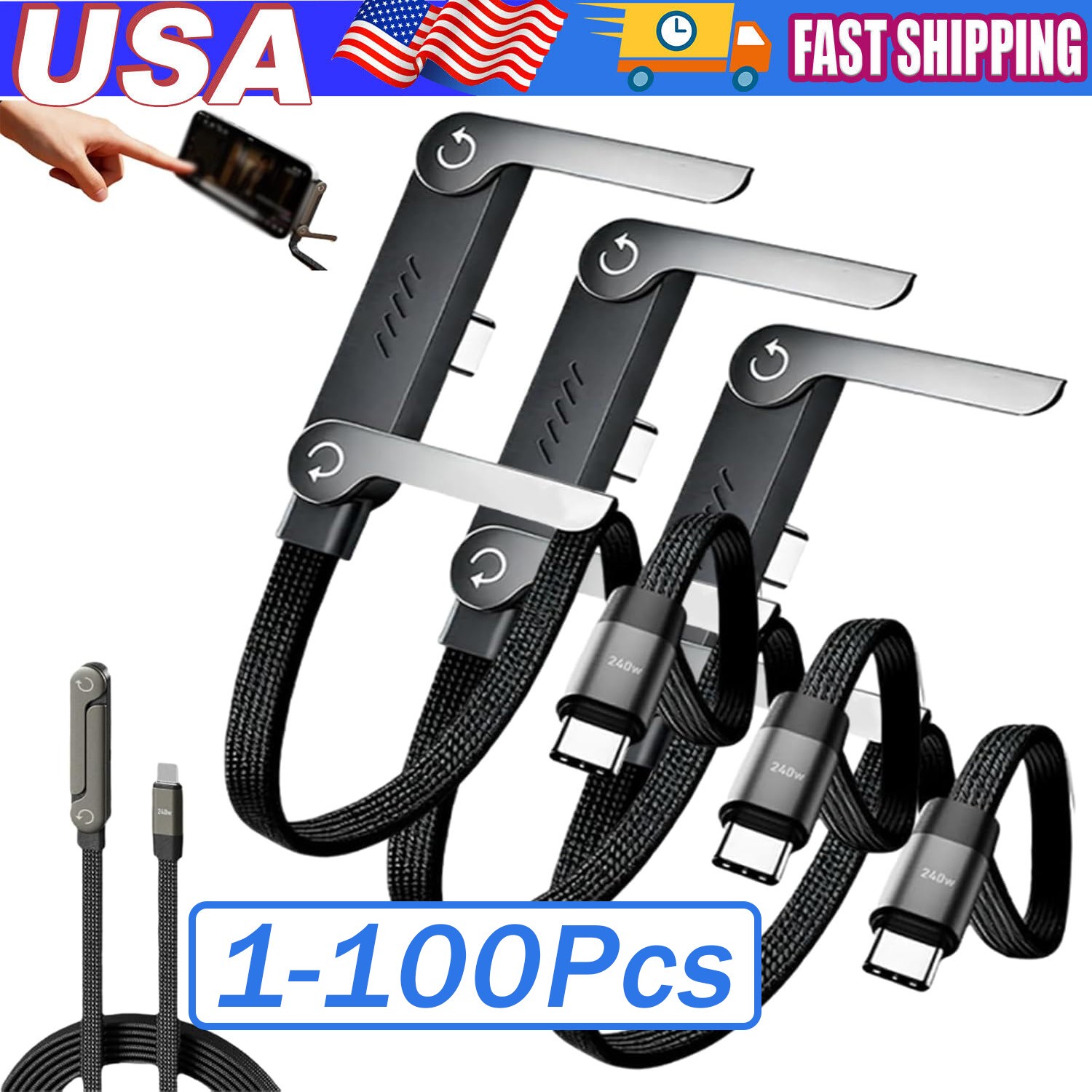2in1 Invisible Holder Charger Cable–240W Fast Charging Cord with Phone Stand Lot