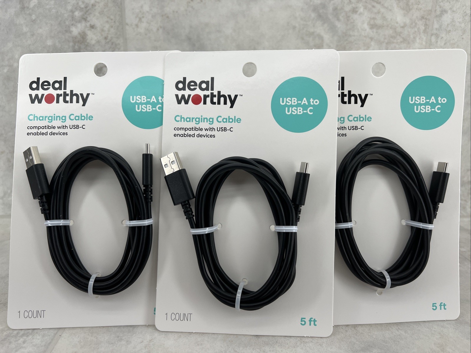 3 Pack! dealworthy 5’ USB-A to USB-C Charging Cable Cord 5v Black Apple Samsung