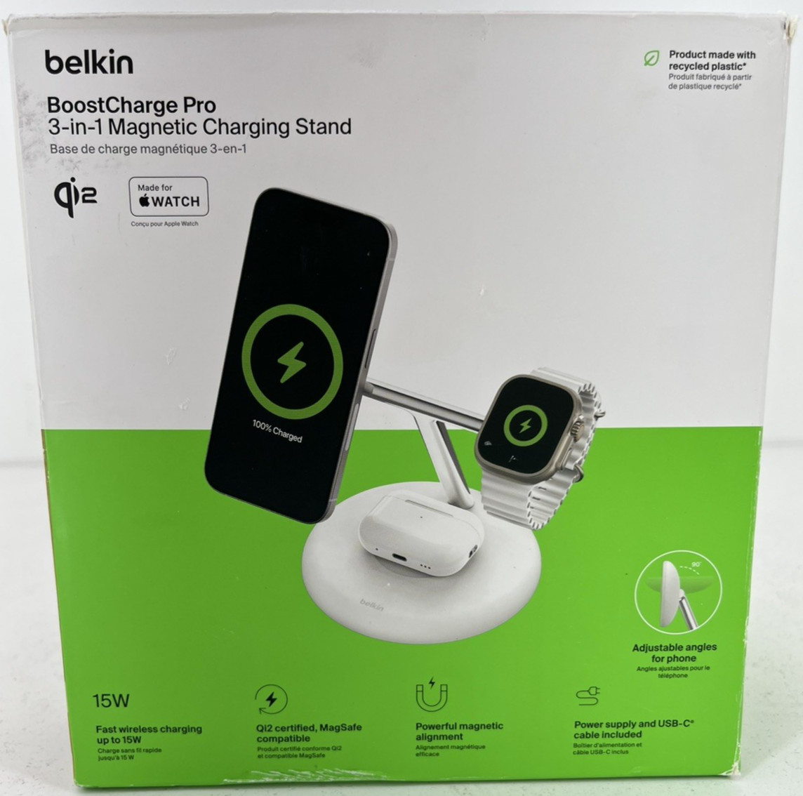 Belkin BoostCharge Pro 3-in-1 Magnetic Charging Stand (Qi2 and MagSafe) – White